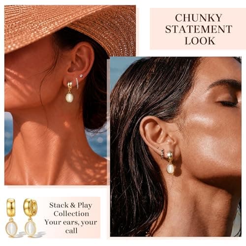 Trendy Gold Dangle Earrings for Women,14K Gold Plated Drop Earring Huggie Chunky hoop Earrings With Bezel-Set Statement Cat Eye Charm Lightweight Hypoallergenic Jewelry Accessories Gifts for Women - Thumbnail 4