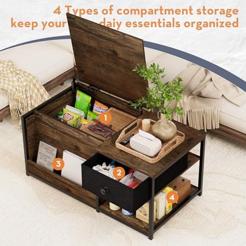 SINPAID Coffee Table with Storage, Rectangular Coffee Tables for Living Room, Farmhouse Coffee Table with Hidden Storage Compartment and Adjustable Shelves, Walnut - Thumbnail 4