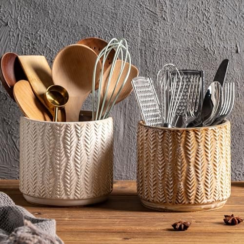 5.3-Inch Ceramic Utensil Crock Utensil Holder Countertop, Embossed Ceramic Storage Canister - with Non-Slip Cork Base, Rustic Farmhouse Multi-Purpose Desktop Organizer, Kitchen Decor(Wheat Brown) - Thumbnail 5