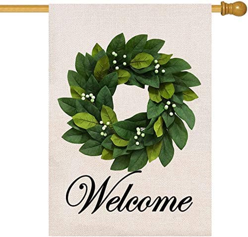 Baccessor Spring House Flag Wreath Garden Flag Magnolia Leaves Welcome Large Yard Flag 28 x 40 Inch Double Sided Burlap Summer Outside Decor - Image 1