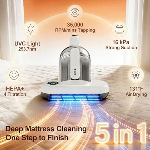 TER Bed Vacuum Cleaner, Smart Dust Sensor, HEPA Filter, 16Kpa Strong Suction & 35000 RPM Tapping, 131°F Heat, 5-in-1 Deep Cleaning Mattress Vacuum Cleaner UV for Bed/Couch/Pet Hair (Corded) - Thumbnail 2