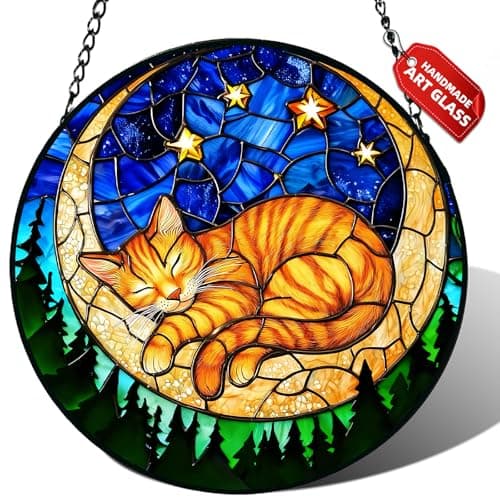 Stained Glass Window Hanging, Orange Sleeping Cat Suncatcher for Door Home Decor Moon Starry Night Sun Catcher Ornament Mother's Day Birthday Gifts for Women Men Mom 7.8 in
