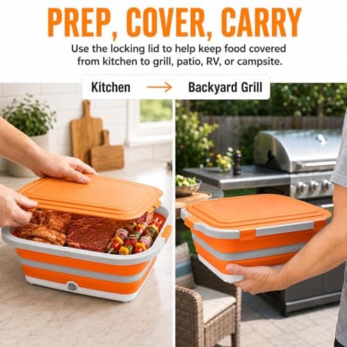 Collapsible BBQ Prep Tub with Cutting Board & Lid, Folding Food Container BPA-Free Heavy-Duty, Dishwasher Safe, Upgraded Drain Hole - for Camping, Grilling Outdoor Cooking (Orange, X-Large) - Thumbnail 4