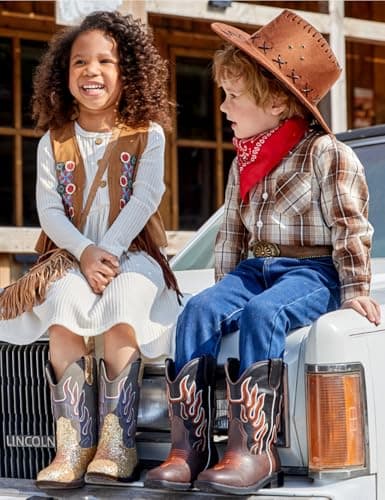 PATPAT Toddler Size 7 Gold Boys Cowboy Boots,Square Toe Mid Calf Embroidered Cowboy Boots Western Riding Shoes - Thumbnail 2