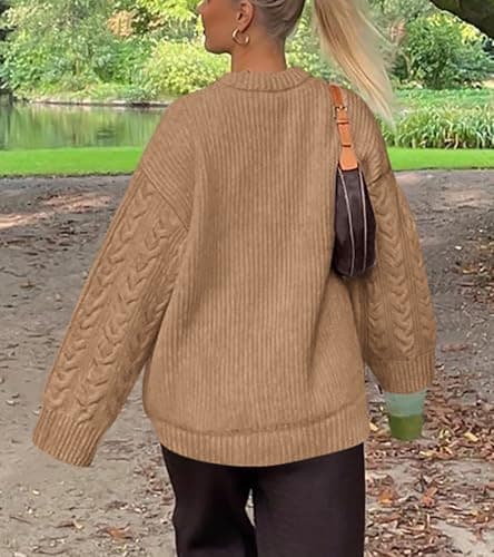 Okiwam Women's Oversized Sweaters Crewneck Cable Knit Pullover Casual Loose Fall Outfits Spring Fashion Clothes 2026-S Khaki - Thumbnail 3