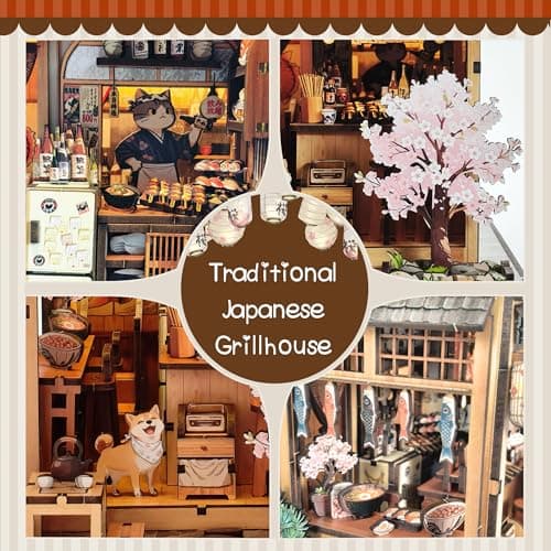 Soothee Japanese DIY Book Nook Kit with LED Lights - 3D Puzzles for Adults & Teens, Miniatures for Bookshelf Decor, Relaxing & Unique Easter Gift for Craft Lovers (Yakitori Grill House) - Thumbnail 3