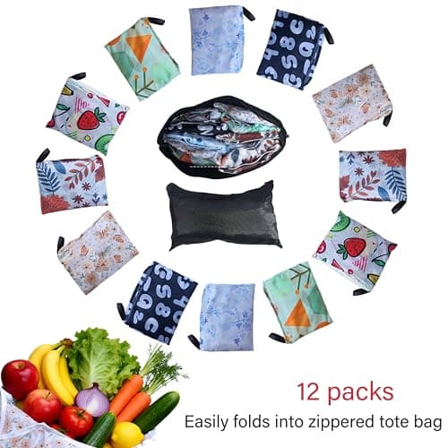 RUIPBOTE 12 Pack Reusable Grocery Bags, Foldable Shopping Bags with 6 Patterns, Reusable Tote Bags for Grocery, Travel, Gift - Thumbnail 5