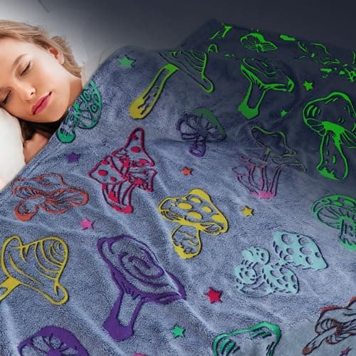 Gdindff Glow in The Dark Mushroom Blanket Easter, Mushroom Gifts for Women Girls, Easter Basket Stuffers for Kids Teens, Cute Cottagecore Mushrooms Room Decor, Soft Cozy Fleece Throw 50"x60" - Thumbnail 2