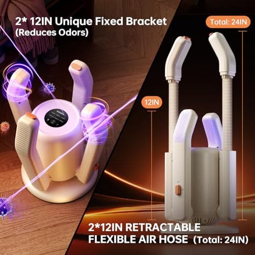 Boot Dryer,Shoe Dryer for Work Boots, 2 * 24“ Retractable Hose with 6 Timers, 4 Tubes Rose Salt Remove Odor, Low-noise Boot Warmer, Suitable for Ski Boots,Shoes,Gloves,Ivory,SH03 - Thumbnail 2