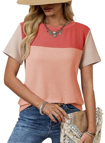 Dokotoo Summer Tops for Women Trendy 2026 Oversized Shirts for Women Color Block Cute Tee Top Spring Summer Casual Top and Blouses Vacation Outfits Loose Fit Short Sleeve Womens Tops Red XXL - Image 1