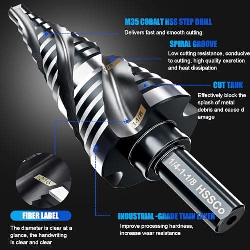 Four Spiral Flute M35 Step Drill Bit Set 1/4" - 1-1/8”(15 Sizes), 3/8" Shank for Metal Step Drill bit, Impact Resistant Cobalt Step Drill Bit, for Stainless Steel, Wood, Aluminum, Plastic - Thumbnail 3