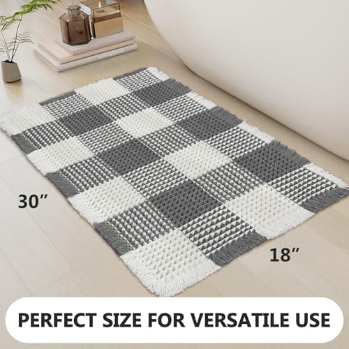 Arenarug Checkered Waffle Bath Mat, Super Absorbent Boho Farmhouse Bathroom Rugs Non Slip Washable, Ultra Soft Bath Rugs Mats with Tassels for Bathroom Floor, Grey White, 18"x30" - Thumbnail 2