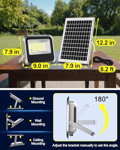 Engrepo Solar Light Outdoor, 10000mAh Luces Solares Solar Powered Security Flood Light Outside 3000LM IP65 Waterproof Dusk to Dawn with Remote Control and 8.2 ft Cable for Yard, Garden, Shed, Barn. - Thumbnail 4