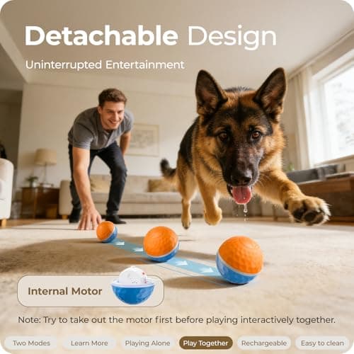 Apasiri Interactive Dog Toys: Duraspin Dog Ball with LED Lights, Automatic Moving Dog Toys for Aggressive Chewers, Dog Toys for Large Dogs, Vibrating Dog Toy Balls for Small, Medium (3.74 in Diameter) - Thumbnail 5