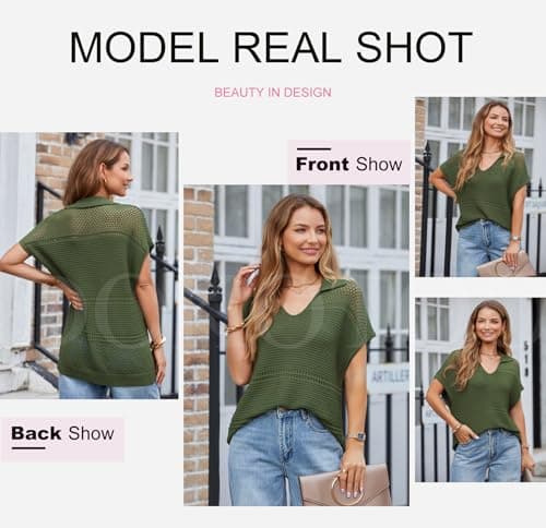 Dokotoo Womens Spring Summer Tops 2026 Dressy Casual Blouses V Neck Knit Tops Pullover Short Sleeve Sweater for Women Loose Fit Tunic Tops Polo Shirts for Women Green Tops Business Casual Clothing S - Thumbnail 3