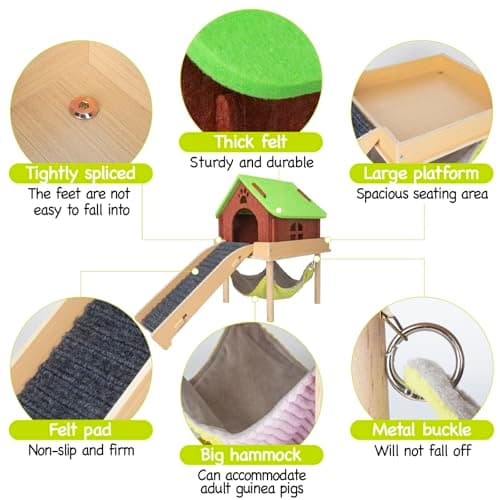 BESNEW 3 in 1 Enlarged Guinea Pig Hammock,Wooden Guinea Pig Hideout with House & Platform & Stairs Small Animal Toys for Hiding Sleeping Activities - Thumbnail 5