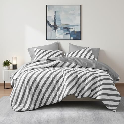 Reversible Striped King Comforter Set-Bed in A Bag 7-Pieces Bedding Set with Double-sided Stripes Design-Warm & Cozy Bed Set Includes King Size Comforter, Sheets set, Pillowcases and Shams, Charcoal - Image 1