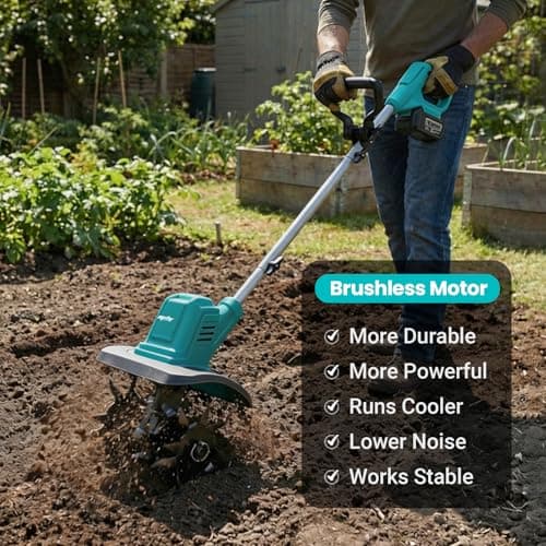 Cordless Brushless Garden Tiller Cultivator Compatible with Makita18v Battery (Tool Only), 10’’ Wide 7’’ Deep Electric Soil Rototiller, 48-Tine Mini Rotary Areator for Garden Beds & Soil Preparation - Thumbnail 4