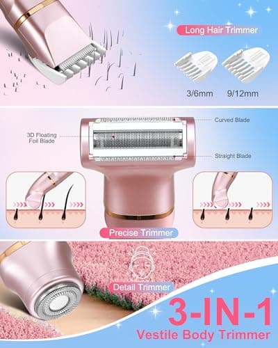 Bikini Trimmer for Women, 3-in-1 Electric Razors for Women with Ceramic Blades & IPX7 Waterproof Design - Rechargeable Cordless Electric Shaver for Lady for Legs, Underarms, Face & Bikini Line - Thumbnail 3