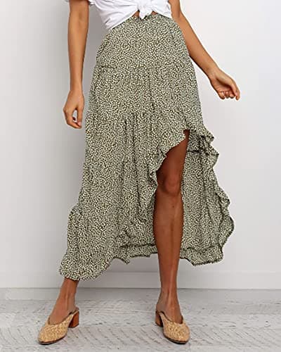 BTFBM Women 2026 Spring Summer Long Skirts Dress Boho Floral Elastic Waist Split Ruffle High Low Beach Maxi Skirt Clothes(Green, Medium) - Thumbnail 3