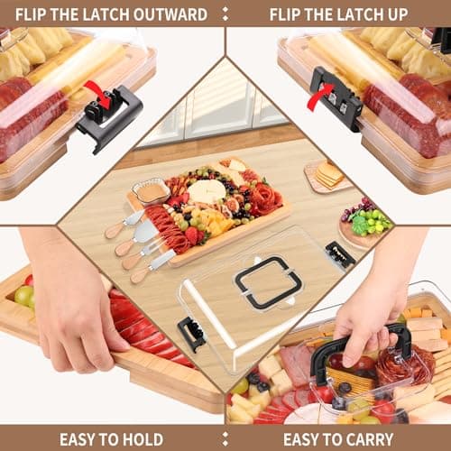 CAWIU Charcuterie Board with Lid and Handle - Portable Travel Design Bamboo Cheese Board Set with 4 Cheese Tools, Gift for Housewarming, Weddings, Picnics(1 Compartment, Black) - Thumbnail 2