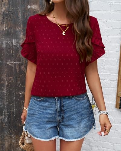 PRETTYGARDEN Women's Tops 2026 Summer Ruffle Short Sleeve Crewneck Blouses Swiss Dots Solid Loose Tunics Work Shirts(Wine Red,X-Large) - Thumbnail 2
