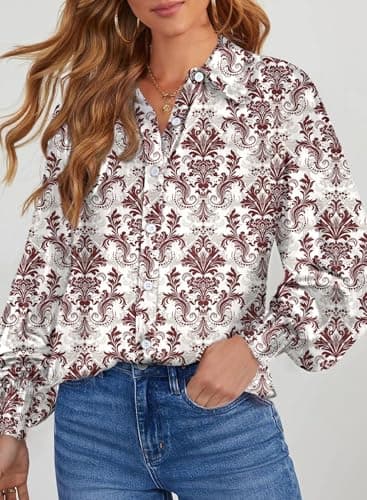 Dokotoo Womens Ladies Plus Size Tops for Women Long Sleeve Shirts Trendy V Neck Chiffon Button Down Blouses for Women Dressy Casual Allover Print Shirts Work Business Bohemian Tops Red X-Large - Thumbnail 3