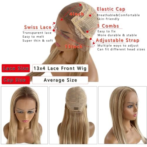 Upgrade - Strawberry Blonde Mixed Platinum Blonde HD Lace Front Human Hair Wigs,13*4 Ombre Highlight Straight Lace Wig 100% Remy Virgin Hair,Pre Plucked with Baby Hair Natural Hairline 150% Density - Thumbnail 2