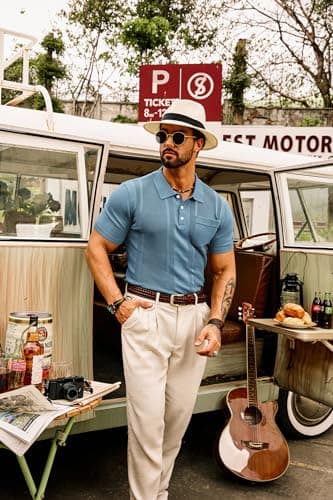 GRACE KARIN Men's Knit Polo Shirt Casual Lapel Collar Button Up Business Golf Polo Tee Shirts for Dinner Grey Blue XXL - Thumbnail 5