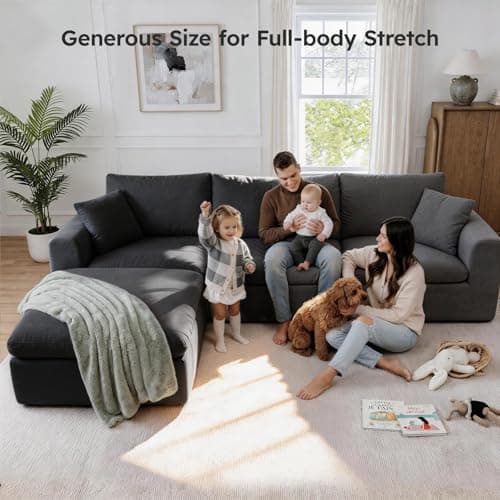 BERRY NEST 118" Oversized Modular Sectional Sofa, Cloud Couch with L-Shaped Chaise, Upholstered Deep Seat Boneless Sectional,Comfy Couch with Ottoman - Thumbnail 3