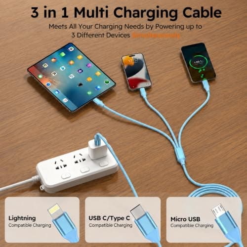 3 in 1 Multi Charging Cable for Multiple Devices Fast Charge 2Pack 4FT Blue - Thumbnail 3