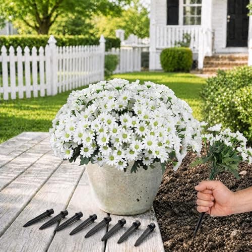 Enlightcode Artificial Flowers for Outdoors with Ground Spikes, 14 Stems Large Daisy Fake Flowers, Silk Faux Flowers for Outdoor Planters, Garden, Porch, Window Box & Cemetery Decor, 8 Bundles(White)
