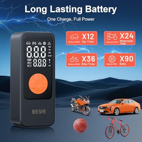 BEVA Tire Inflator Portable Air Compressor, 4X Faster Inflation Air Pump with Digital Pressure Gauge, 150PSI Cordless Tire Inflator with LED Light for Car, Electric Bikes, Motorcycle, Bike, Ball - Thumbnail 4