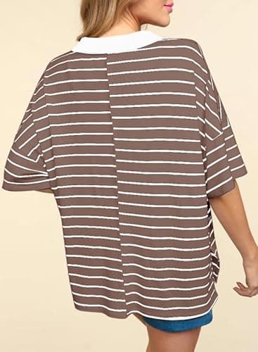 Dokotoo Summer Short Sleeve Shirts for Women 2026 Summer T Shirts for Women Dressy Casual Khaki Striped Trendy Polo Shirts Cute Crop Tops Womens Blouses Color Block Womens Clothes Clothing XL - Thumbnail 2