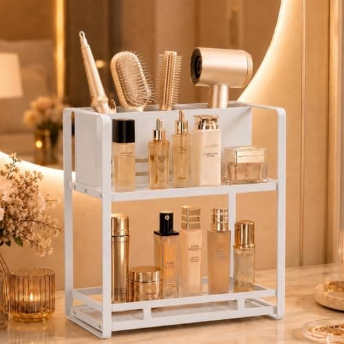 Bathroom Counter Organizer, Metal Vanity Shelf with Hair Dryer Holder