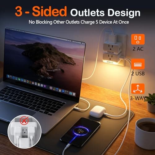 Outlet Extender 2 Pack, 2 AC Multi Plug Wall Outlet with 2 USB Ports (1 PD 20W USB C Charger), Outlet Splitter 3 Way Angled Wall Plug Adapter with Night Light, for Kitchen Bathroom Travel Cruise Ship - Thumbnail 3