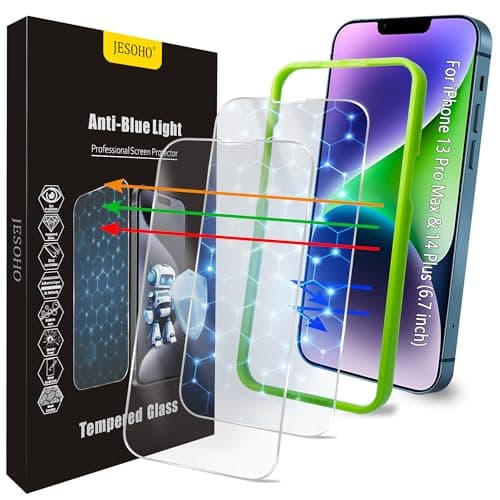 JESOHO Colorless Blue Light Screen Protector for iPhone 13 Pro Max/14 Plus [6.7 Inch] Tempered Glass Films, HD Clear, 9H Hardness, No Bubbles, Case Friendly,2 pcs - Image 1