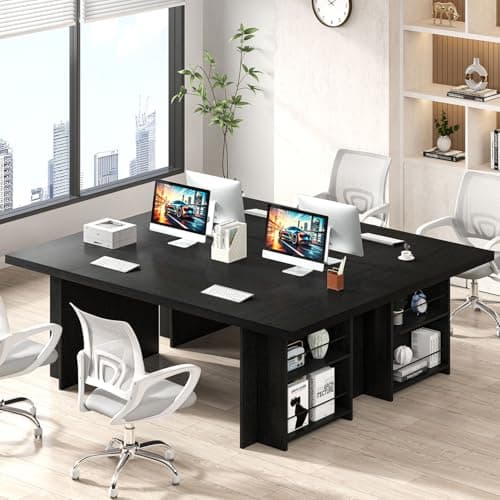 FOLUBAN 70" Black Computer Desk, Large Executive Desk for Home Office, Modern Wood Conference Table Workstation with Side Storage Shelves, Long Study Writing Gaming Table for 2 Person - Thumbnail 6