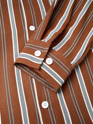 Hardaddy Men's Classic Color Contrast Striped Shirt Long Sleeve Casual Button Down Shirts Blouse Brown 3XL - Thumbnail 5