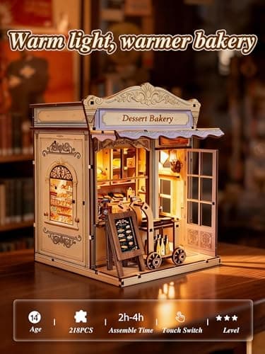 Book Nook Kit - DIY Miniature House Bakery Patisserie Dollhouse Kit for Adults and Teens, Booknook Tiny House Bakery Shop Bookshelf Decor 3D Wooden Puzzle, Gifts for Family, Friends (with Glue) - Thumbnail 3