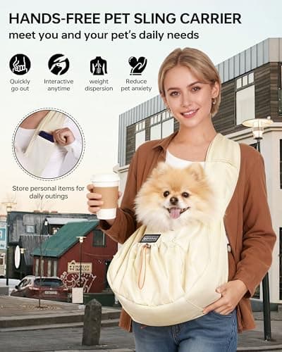 Puppy Sling Carrier for Small Dog-Widened and Thickened Shoulder Strap with Storage Pocket, Adjustable Hands-Free Small Dog Carrier Sling for Outdoor,Cat&Dog Sling Carrier 7-15 lbs, (Light Yellow). - Thumbnail 3