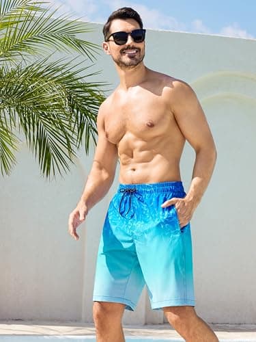 SILKWORLD Mens Swim Trunks with Compression Liner Quick-Dry 9" Stretch Beach Shorts, Blue Ripple, X-Large - Thumbnail 2