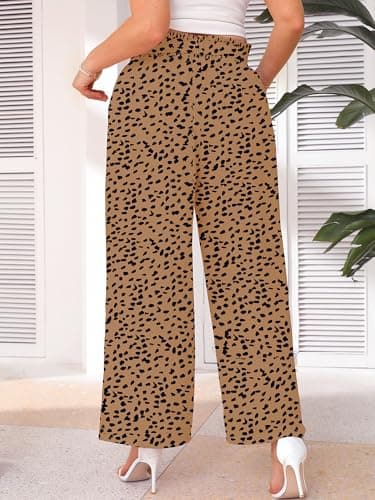 AusLook Women's Plus Size Wide Leg Pants with Pockets Almond Leopard 2X Lightweight High Waisted Tie Knot Paperbag Dressy Palazzo Loose Paper Bag Comfy Casual Work Flowy Dress Ladies' Trousers - Thumbnail 2