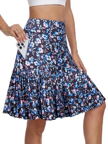 KORALHY 21" Golf Skorts with Pockets Pleated Tennis Skirts with Shorts Knee Length Skort for Athletic, Workout, Casual Black Blue Floral M - Image 1