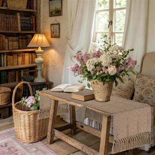 yuboo Boho Short Table Runner 36 Inches Long, Spring Macrame Dresser Scarf with Tassels, Farmhouse Small Table Cover Decor for Coffee Table, Dining Room, Bedroom Cabinet, Brown - Thumbnail 5