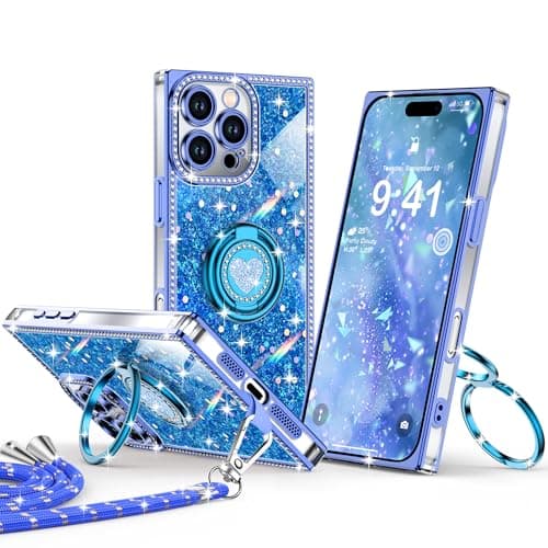 XYZ for iPhone 16 Pro Max Case, Glitter Bling Phone Cover with 2-Ring Heart Stand & Lanyard, Women Girls Luxury Rhinestone Shockproof Protective Case for iPhone 16 Pro Max, Blue - Image 1