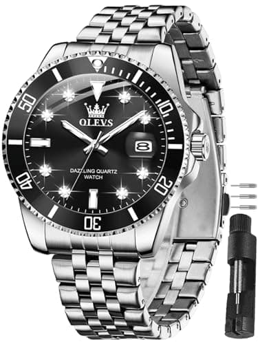 OLEVS Watch Men,Men's Silver Watch Black Face,Silver Watches for Men,Mens Luxury Wristwatch Stainless Steel,Minimalist Big Face Black Wristwatch,Men's Dress Watches,Relojes para Hombres - Image 1