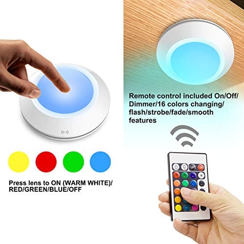 HONWELL Push Lights, LED Puck Lights with Remote, Battery Operated Under Cabinet Lighting,Cordless RGB Color Changing Touch Fairy Light with Dimmer, Stick on Light for Closet Classroom Shelf - Thumbnail 2