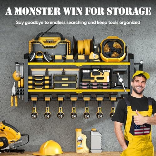 Nacial Power Tool Organizer Wall Mount, 8 Drill Holder Wall Mount with 3 Layer Cordless Tool Organizer, Heavy Duty Tools Organizer with 12 Hooks, Power Tool Storage for Garage Organization, Yellow - Thumbnail 2
