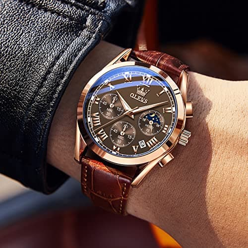 OLEVS Mens Watches Casual Brown Leather Mens Watch Rose Gold Analog Waterproof Chronograph Watch for Men Classic Vintage Quartz Date Moon Phase Men's Wrist Watches Reloj para Hombre - Thumbnail 3